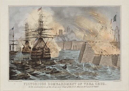 A color print of large battleships on choppy seas shooting rockets toward a coastal military fort with a Mexican flag.
