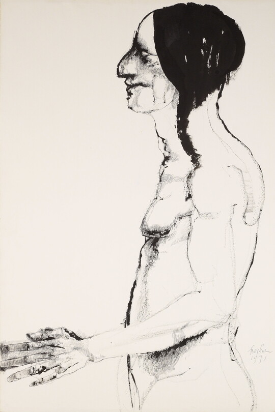 A black-and-white drawing of a nude Indigenous man with braids, hands held out in front of him, in profile.