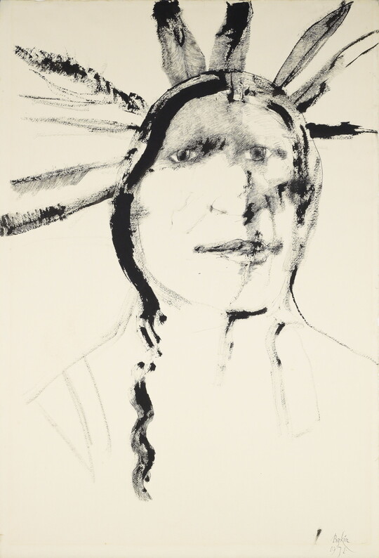 An black ink drawing in a sketchy, slightly abstract style of an Indigenous man from the shoulders up wearing a headdress.