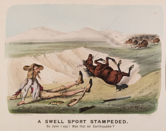 A color print of a White man wearing tattered clothes sitting in a ravine, broken rifle next to him, horse on its back in front of him; a herd of running bison the background.