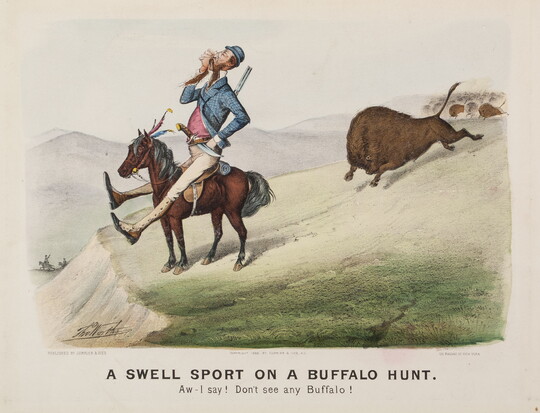 A color print of a White man sitting atop a miniature horse, oblivious to a herd of bison charging toward him in the background.