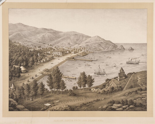 A sepia-toned print of a busy bay with ships at the foot of a hilly, rural mountainside town, depicted from a high vantage point.