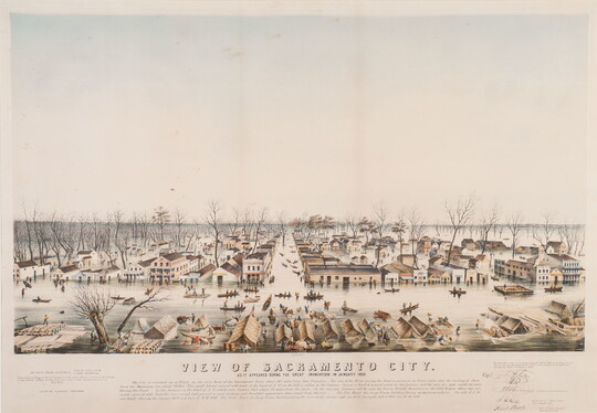 A color print of a flooded city; boats and rafts where the streets should be.