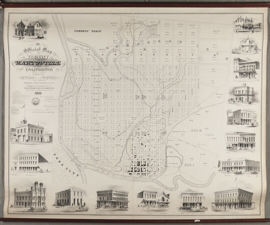 A black-and-white print of a map of a city showing its grid-like layout, surrounded by architectural views of some of the buildings.