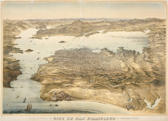 A color print of an aerial view that shows water, land masses, and the street grid of a city.