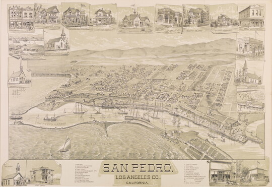 A black-and-white print of a bird's eye view of a town with mountains in the distance, water in the foreground, and vignettes of buildings and landmarks around the edge of the print.