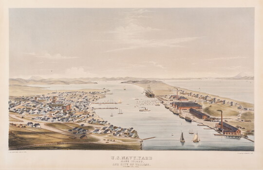 A color print of an aerial view of a city on a mainland separated from an island by a narrow channel of water with boats and ships on it.