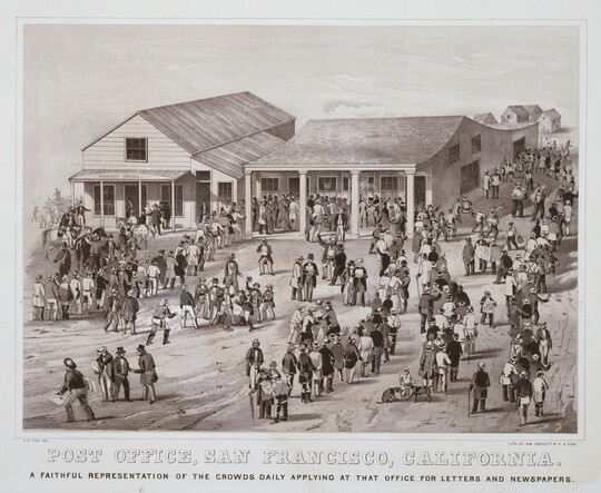 A black-and-white print showing a crowd of people in various lines outside a single-story, clapboard building.