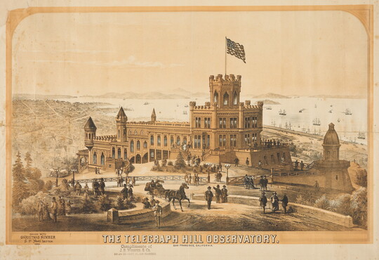 A yellowed print of a castle-like building on a hill that overlooks a large city and the sea.