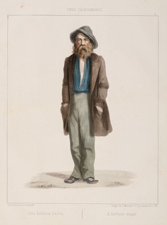 A color print of a White man with a long curly beard wearing a floppy gray hat, blue shirt and pants, standing with his hands in the pockets of his long brown coat.