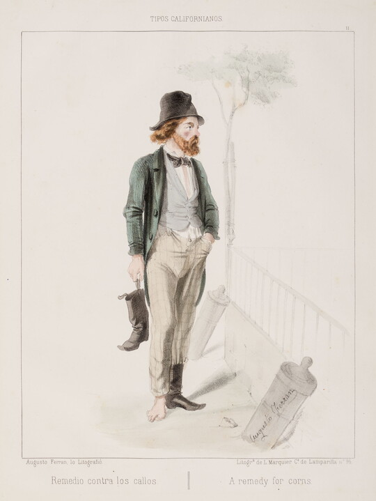 A color print of a standing White man with red hair and beard wearing a black hat, a mismatched three-piece suit, one foot bare as he holds his black boot in his hand.