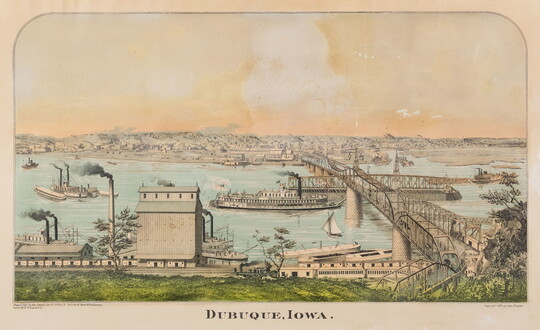 A color print of a riverfront shipyard, a bridge, and a city on the far side of the bridge.