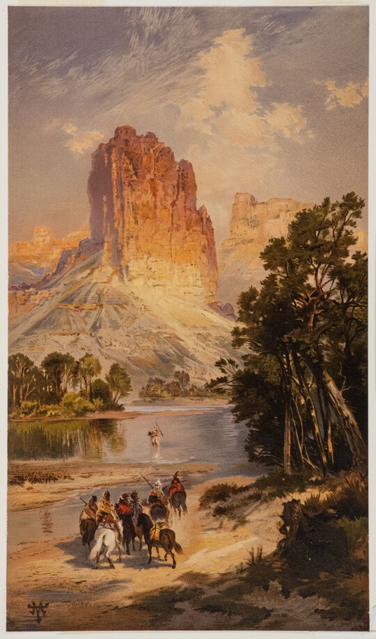 A color print of an Indigenous group on horseback on the bank of a river moving toward a tall butte.