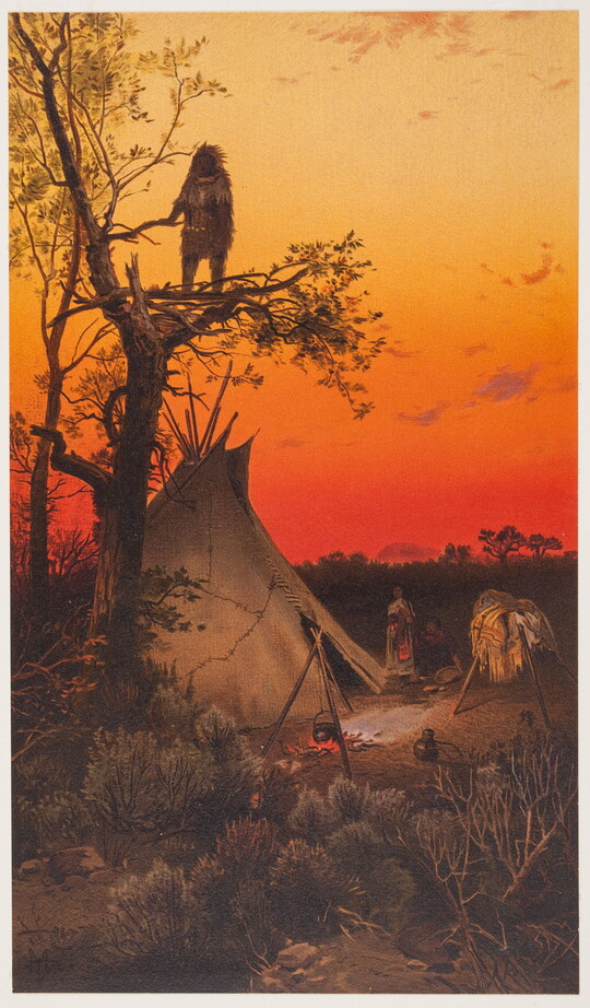 A color print of a Native American standing in a tree overlooking a campsite at sunset.