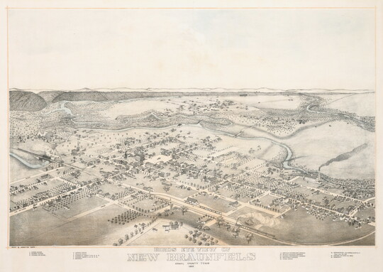 A black-and-white aerial view of a town with hills in the distance over the words "New Braunfels."