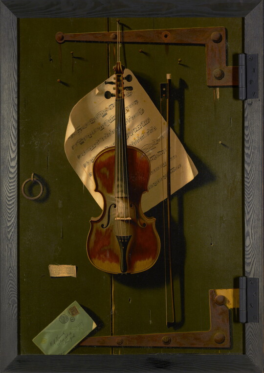 A realistic color print of a violin and bow hanging on a green, wood door with sheet music tacked behind the violin.