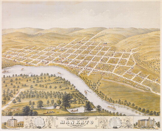 A color print of an aerial view of a river-side town showing streets organized in a grid and hills beyond.
