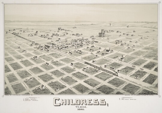 A black-and-white print of an aerial view of a flat town with many blocks but only a few buildings and a train running diagonally through the center.
