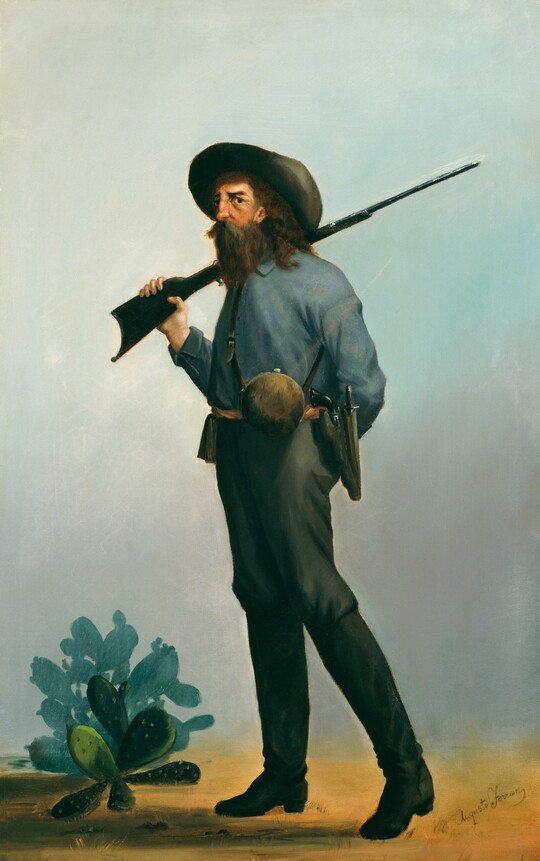 An oil painting of a White, bearded man wearing a cowboy hat and holding a rifle over his shoulder standing by a prickly pear plant.