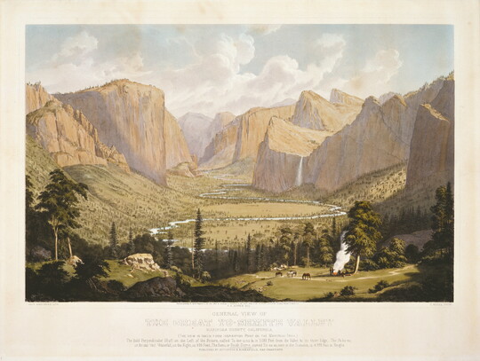 A color print of a mountainous landscape with steep cliffs, waterfalls, and a winding river through a green valley.