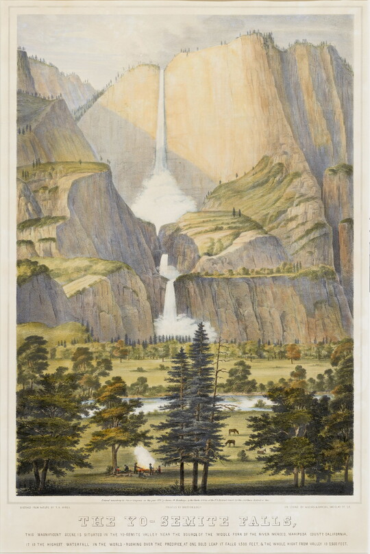A color print of a double-waterfall coming down from high cliffs into a green valley full of trees.