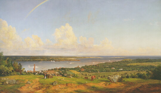 An oil painting of a countryside bathed in sunshine with water in the distance and people watching an artist paint in the foreground.