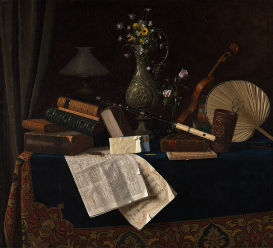 A still life painting of books, musical instruments, papers, and other personal objects displayed on a clothed table.