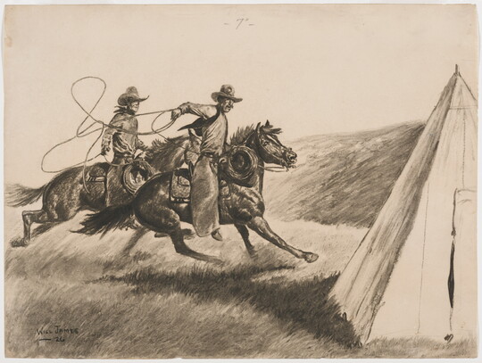 A black-and-white drawing of two cowboys on galloping horses, one throwing a rope, while riding past a tent.