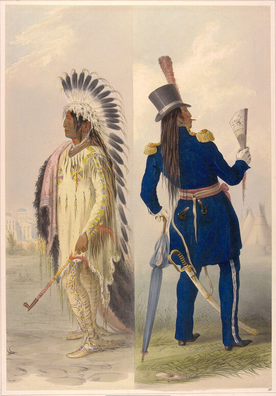 A color print of a Native American man in two outfits: on the left he wears traditional clothing and on the right a soldier's blue uniform.