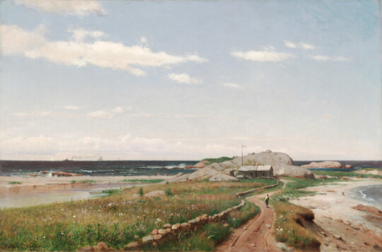 An oil painting of a seashore with person walking on a dirt road toward a house in the distance under a blue sky dotted with clouds.