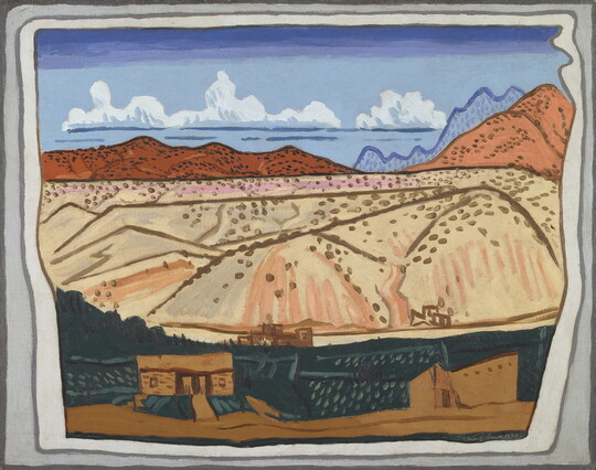 An abstract landscape painting composed of horizontal bands of color depicting grass, pueblos, desert, mountains, and sky.