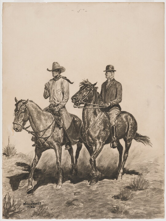 A black-and-white drawing of two men on horses, one dressed as a cowboy, the other is wearing a bowler hat and suit.