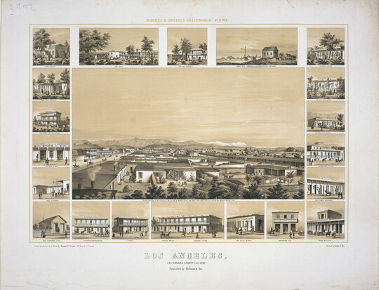 A sepia-toned print of a bird's-eye view of Los Angeles framed by close up vignettes of buildings.