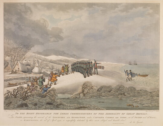A color print of soldiers and villagers standing on a small snowy hill overlooking the sea and two ships in the distance.