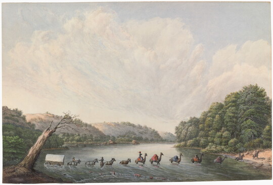 A watercolor of people, horses pulling a wagon, and camels crossing a wide river.