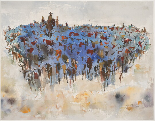 An abstract watercolor painting of a figure on horseback among a herd of longhorn cattle moving toward the viewer.