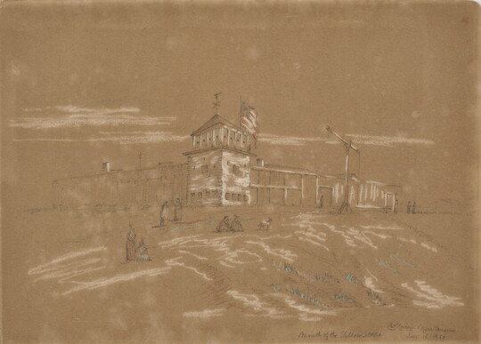 A drawing in white chalk on tan paper of a fortress with a large tower on the corner and an American flag at the top.
