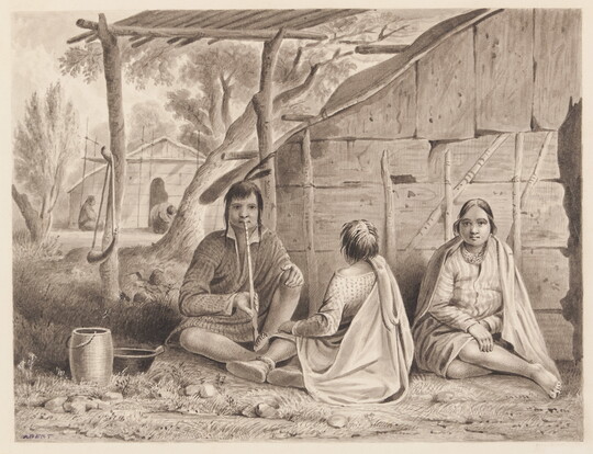 A black-and-white drawing of three Native American figures, one holding a ceremonial pipe, seated outside of a plank dwelling.
