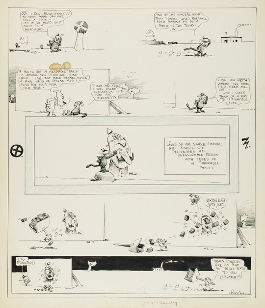 A black-and-white drawing of an eight panel cartoon featuring a cat with a headache, a dog, and a mouse with a pile of bricks.