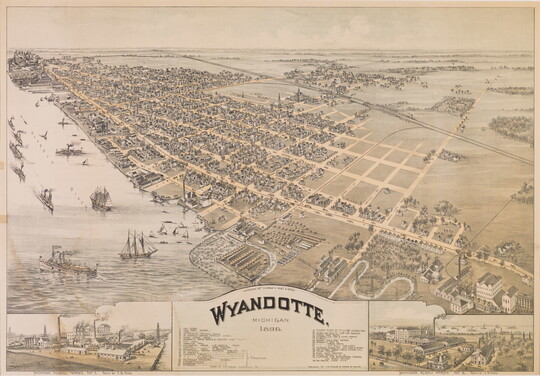 A color print of a bird's eye view of a city on the banks of a lake, showing the grid of streets and boats on the water.