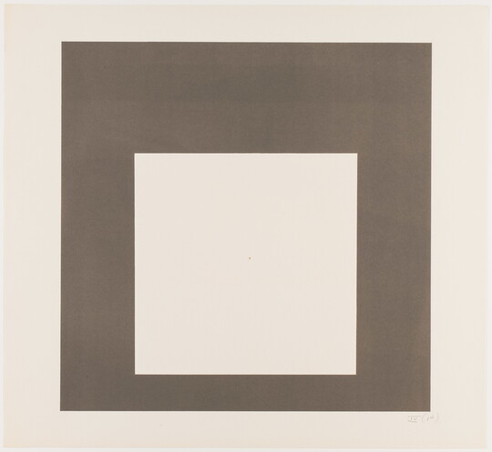 An abstract color print of three squares nested from largest to smallest in dark brown, medium brown, and cream.