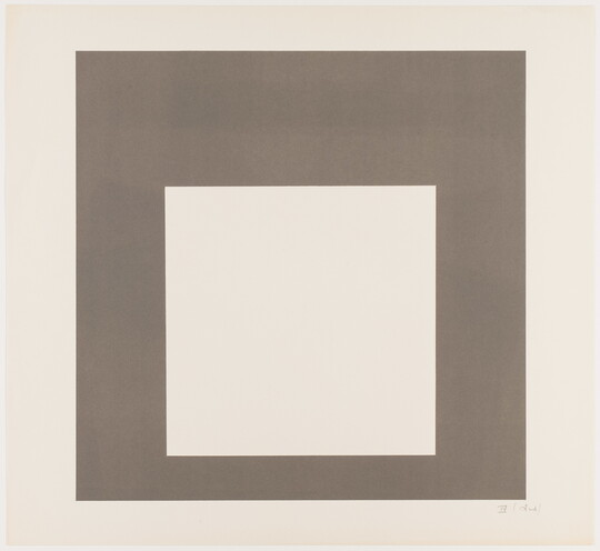 An abstract color print of three squares nested from largest to smallest in dark brown, medium brown, and cream.