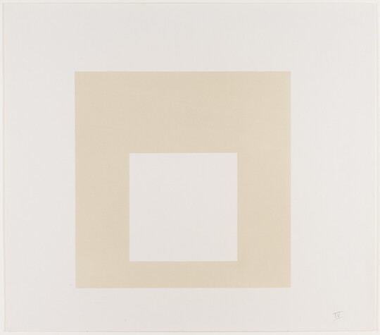 An abstract color print of two squares nested from largest to smallest in cream and white.