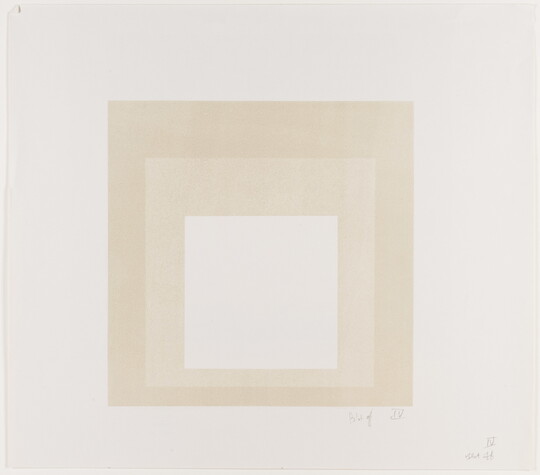 An abstract color print of three squares nested from largest to smallest in cream, light cream, and white.