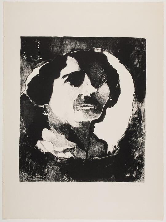 An abstract black-and-white print of a person's head on a splotchy black background.