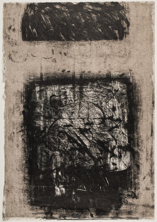 An abstract black-and-white print of thick, sketchy black marks in two rectangular shapes on a gray background.