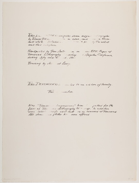 A black-and-white print of handwritten text describing the contents of a folio titled "Toro Desconocido."