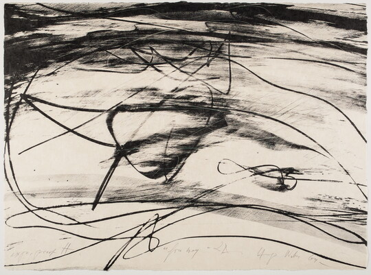 An abstract black-and-white print of squiggly black lines.
