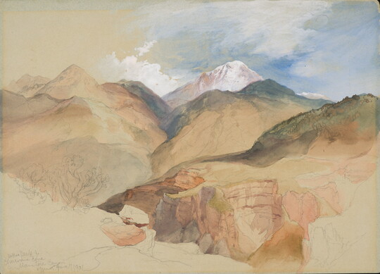 A watercolor sketch of mountains and canyons against a blue sky.