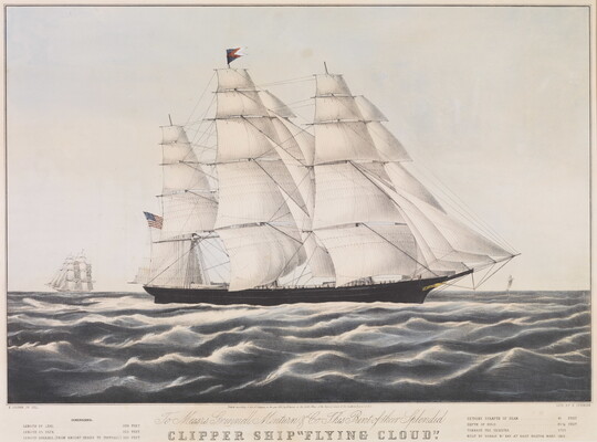 A color print of a large clipper ship on a choppy sea over the words "Clipper Ship 'Flying Cloud'" and other information about the ship.